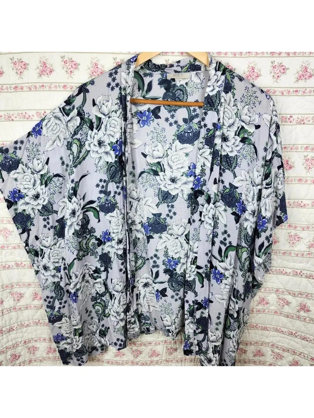 Loft Women's Floral Kimono Cover-Up with Blue and Green Accents One Size